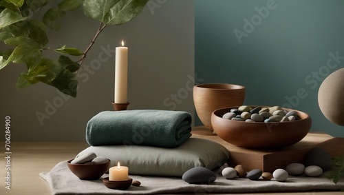 Table setup yoga, mindfulness, and spirituality with candles and stones in gentle colors.