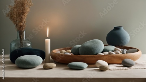 Table setup yoga  mindfulness  and spirituality with candles and stones in gentle colors.