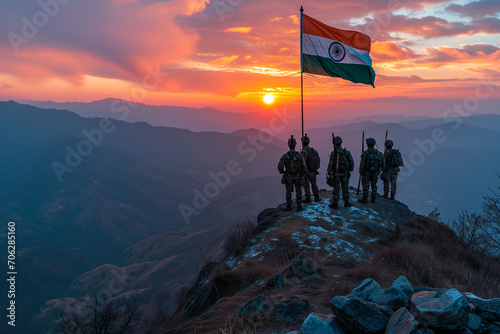 Glorious Sunset Salute: Indian Soldiers Hoisting the National Flag on a Mountain Summit