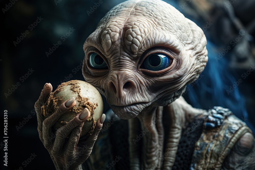 An alien on a dark background holds a ball in his hand. Generated by artificial intelligence An alien on a dark background holds a ball in his hand. Generated by artificial intelligence