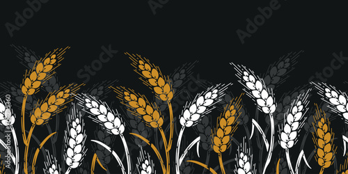 Seamless Horizontal Border Pattern of Grain Spikes, Ears of Wheat, Barley or Rye. Great for Wrapping Paper, Bread Packaging, Design of Bakery, Beer labels etc. Vector Illustration