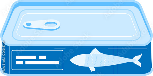 Blue canned fish product design with simple label. Seafood packaging vector illustration. Food storage and preserves concept.
