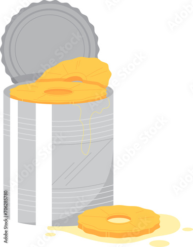 Opened aluminum can with overflowing honey and lid off. Spilled honey beside the can, sticky sweet golden syrup overflow vector illustration.