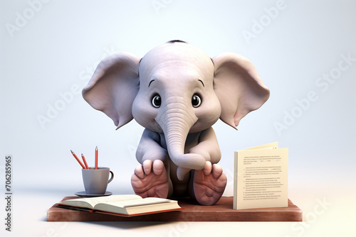 3D cartoon cute elephant reading and writing