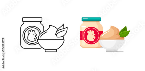 Baby food icons with chicken puree, pate in small glass jar and white ceramic bowl. Black vector outline and flat colorful illustrations of healthy nutrition for infants in container with label