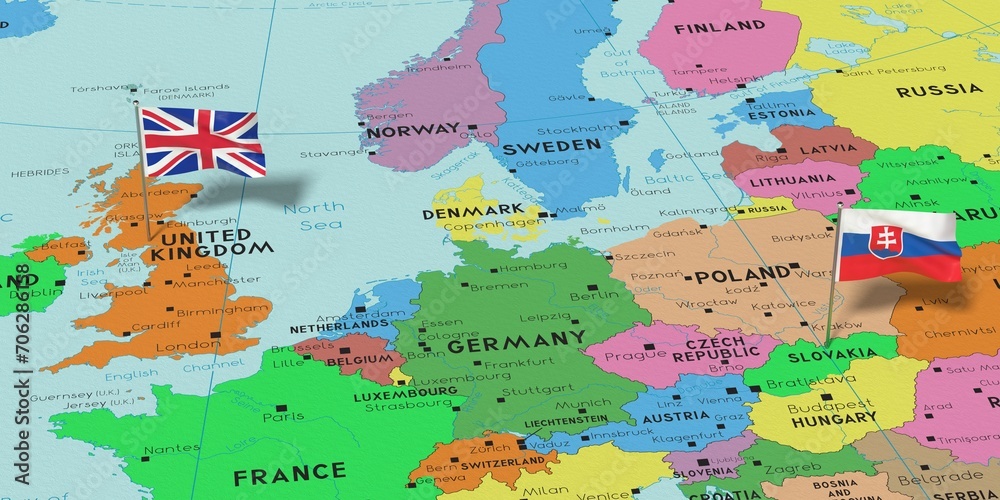 Fototapeta premium United Kingdom and Slovakia - pin flags on political map - 3D illustration