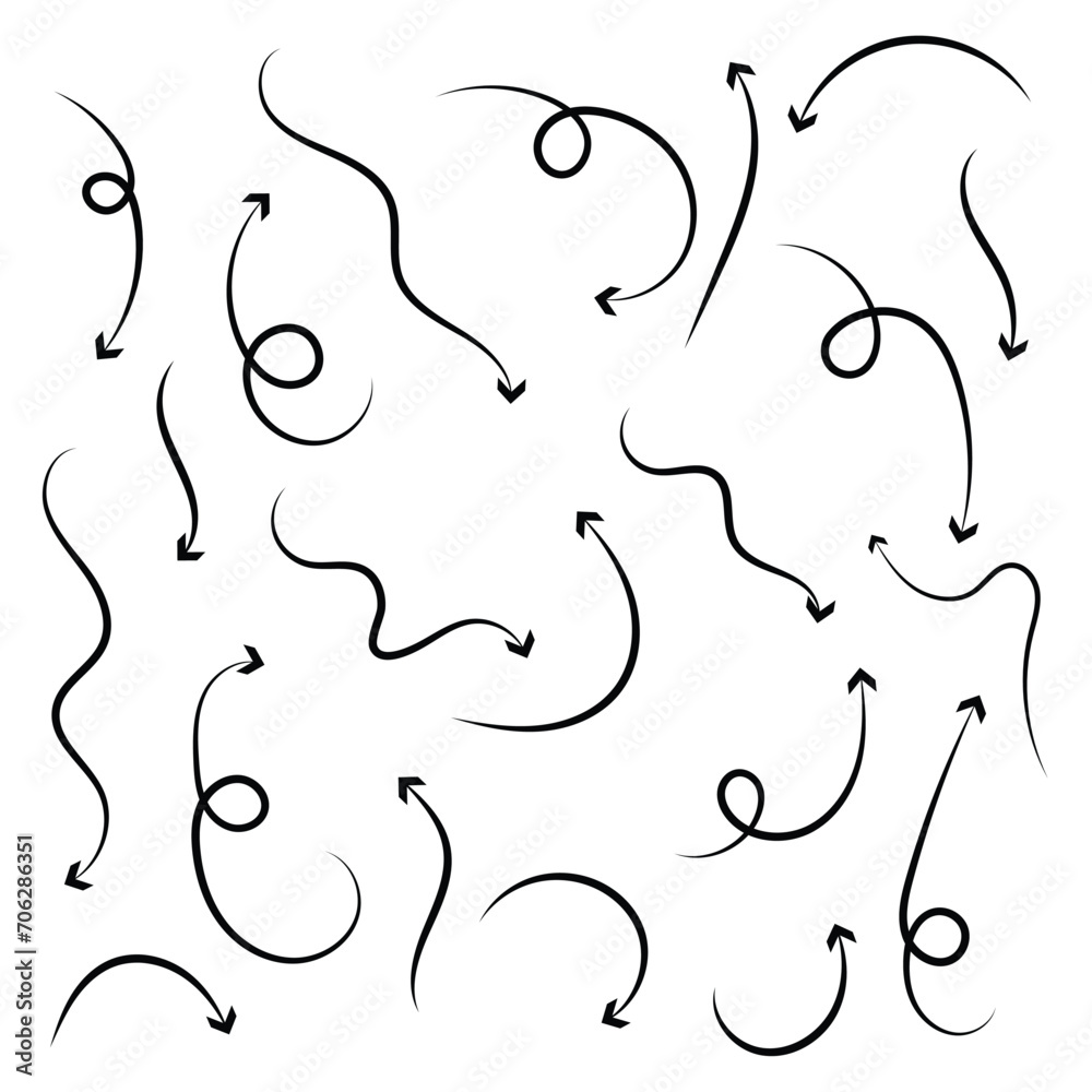 19 set of isolated vector arrows, hand drawn on a white background.123