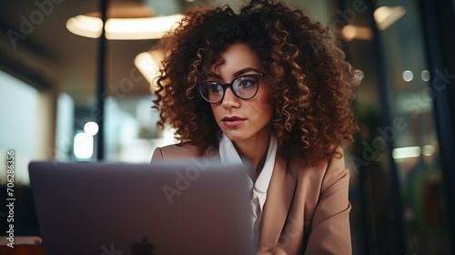 A curly-haired Caucasian woman is having a business conversation online through her laptop and looking through glasses in a modern office. Business. freelancer, success, favorite job concepts.