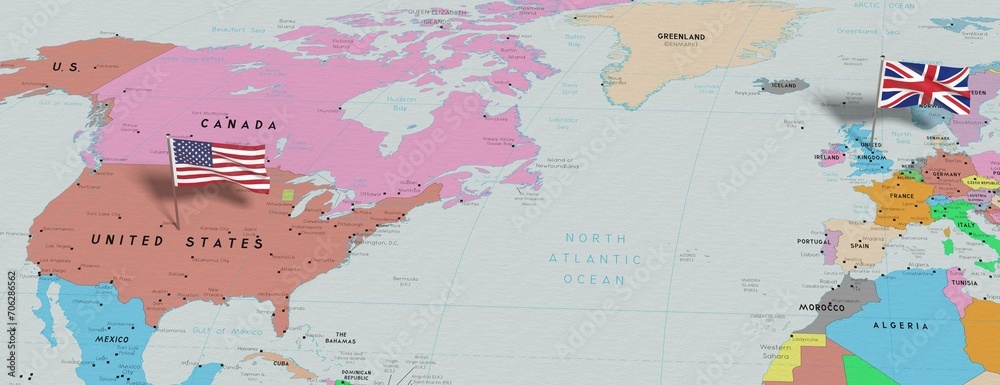 United Kingdom and USA - pin flags on political map - 3D illustration