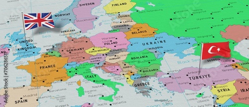 United Kingdom and Turkiye - pin flags on political map - 3D illustration