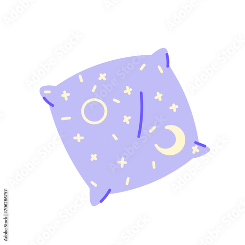 Patterned square pillow for sleeping. Comfortable feather bed dress, bedding textile. Interior decoration element, home decor, homey bedroom. Flat isolated vector illustration on white background