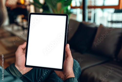 A businessman holds a mockup. iPad digital tablet with blank screen Mockup replaces your design mockup in the office photo