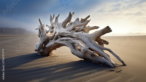 driftwood, washed ashore and bleached by the sun, portraying its weathered and natural texture, embodying the beauty of the ocean. photo