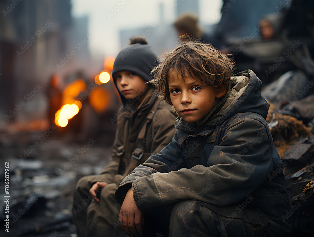 A group of refugee children sit in the middle of a war-torn city. Kids in war zone A group of refugee children sit in the middle of a war-torn city. Kids in war zone