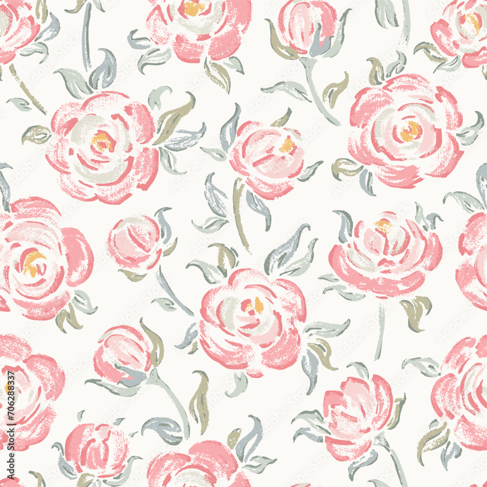 Pink Roses. Rose Flower Seamless Pattern. Flowers and Leaves. Vintage Floral Background. Shabby chic Wallpaper. Millefleurs Liberty Style Design. Vector Illustration