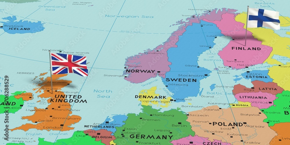 Obraz premium United Kingdom and Finland - pin flags on political map - 3D illustration