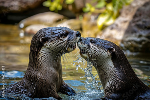 Otters Engaging in Playful Interaction by Water © ItziesDesign