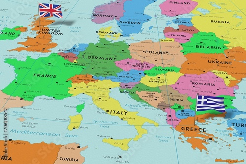 Fototapeta Naklejka Na Ścianę i Meble -  United Kingdom and Greece - pin flags on political map - 3D illustration