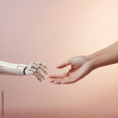 Human hand holding a robot arm. Connection between people and artificial intelligence