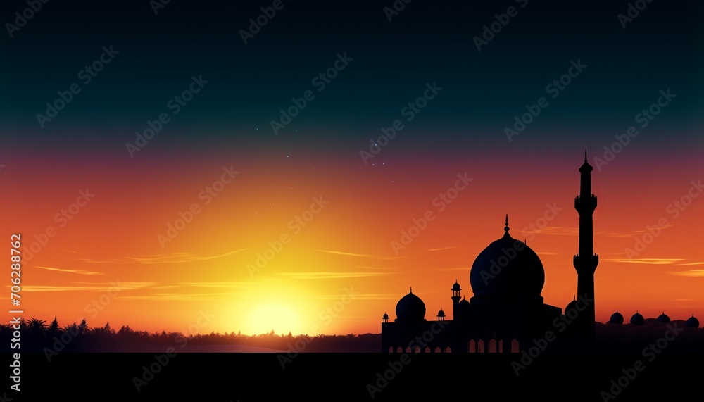 Majestic Mosque Silhouette Against Vibrant Sunset, Tranquil Beauty of Nature, Peaceful Evening View, Intricate Domes and Minaret, Serene Atmosphere with Stars, Natural Touch with Faint Outlines 