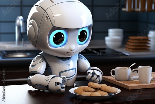 Adorable robot making breakfast in contemporary kitchen, high quality and photorealistic