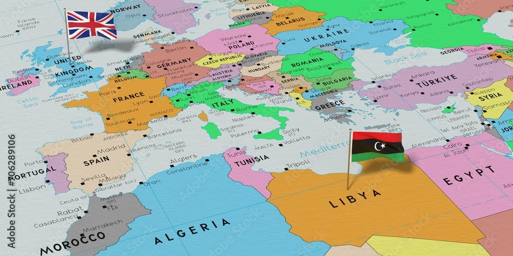 United Kingdom and Libya - pin flags on political map - 3D illustration
