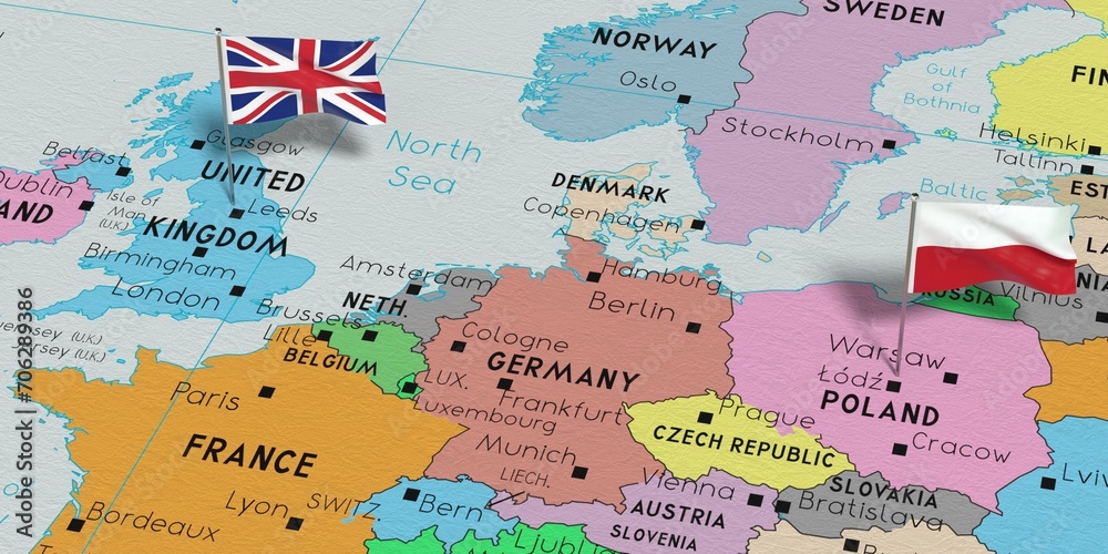 United Kingdom and Poland - pin flags on political map - 3D illustration