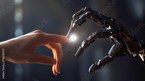 Robot and Human Hands in Side View Composition : Connection Between Man and Machine : Focal Point of Touch with Bright Light, Emphasizing Technological Unity