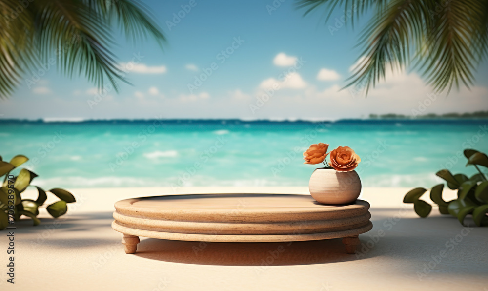 Obraz premium Idyllic Beach Display with a Wooden Podium on Pristine Sand for Product Presentation, Tropical Ocean and Palm Leaves Background