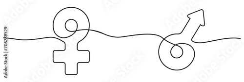 man and woman symbol one continuous line art. gender equality outline border frame. one continuous line.
