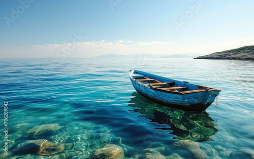 Solitary blue wooden boat floating on calm ocean waters under clear skies, representing solitude, peace, and the vastness of the sea