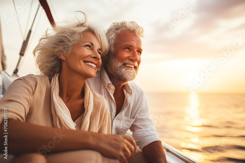 retired couple on romantic cruise on luxury yacht  happy senior couple on holidays