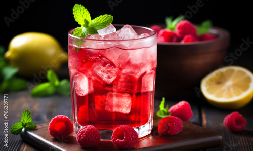 Refreshing Raspberry Cocktail with Ice and Fresh Mint on a Dark Rustic Background, Perfect for Summer Days and Relaxing Evenings