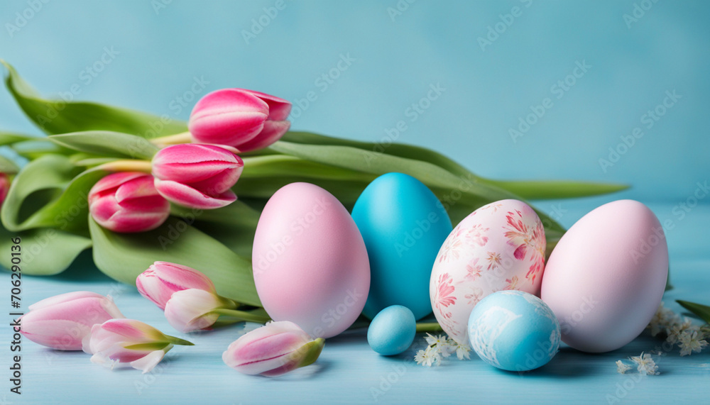 Easter eggs and pink tulips. Spring easter background. Close up