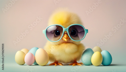 Cute little easter chick baby with sunglasses and Easter eggs on pastel background