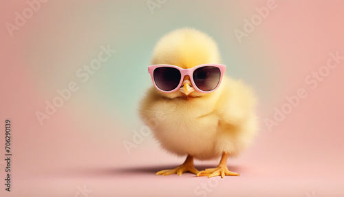 Cute little easter chick baby with sunglasses on pastel background