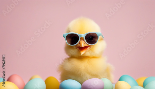 Cute little easter chick baby with sunglasses and Easter eggs on pastel background © Vita