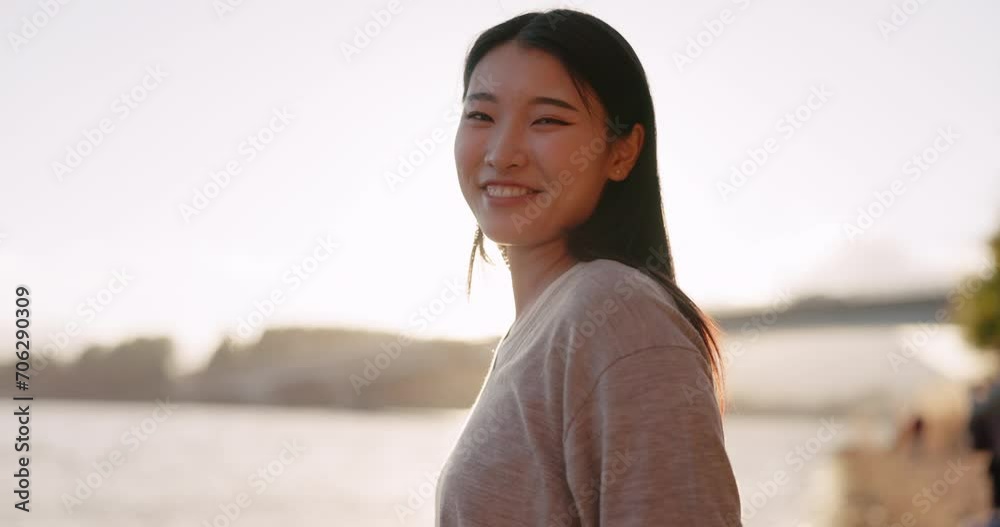 Japanese woman, happiness and sunshine outdoor, lake or river with travel, holiday and positivity in nature. Wellness, adventure and care free in park in Japan, smile with lens flare and portrait Japanese woman, happiness and sunshine outdoor, lake or river with travel, holiday and positivity in nature. Wellness, adventure and care free in park in Japan, smile with lens flare and portrait