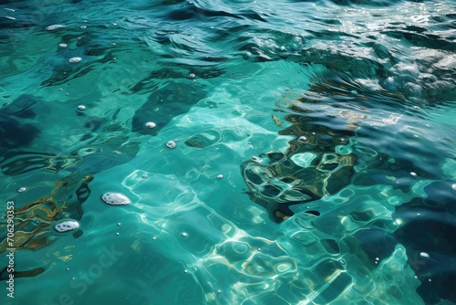 Blue green surface of the ocean with gentle ripples on the surface and light refracting