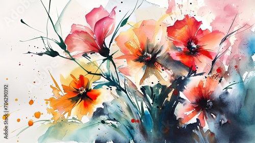 watercolor style illustration of poppy flower bouquet blossom background wallpaper, color splash and wet in wet technique texture, Generative Ai