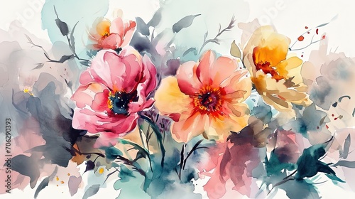 watercolor style illustration of poppy flower bouquet blossom background wallpaper, color splash and wet in wet technique texture, Generative Ai photo