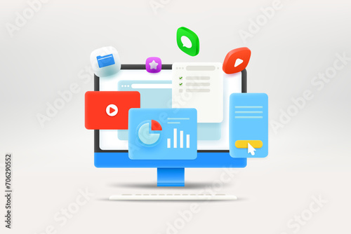 Working with computer concept. 3d Vector illustration