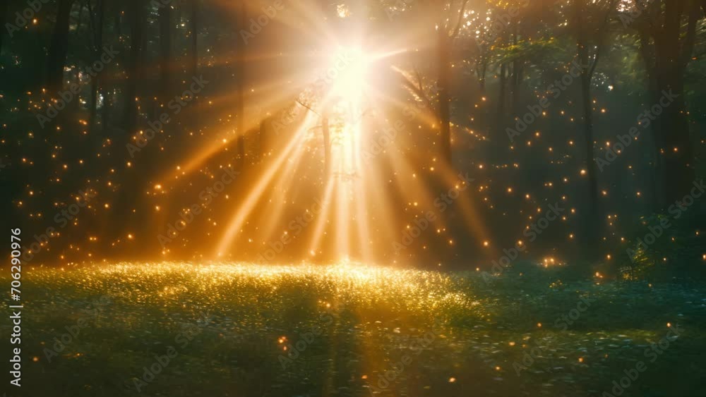 Sun rays moving trough beautiful green spring forest. Beautiful summer morning in the forest. Sun rays break through the foliage of magnificent green tree. Magical summer forest Magical landscape. Gol