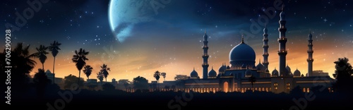 Panoramic mosque scene at night, with the theme of the month of Ramadan and Islamic holidays.