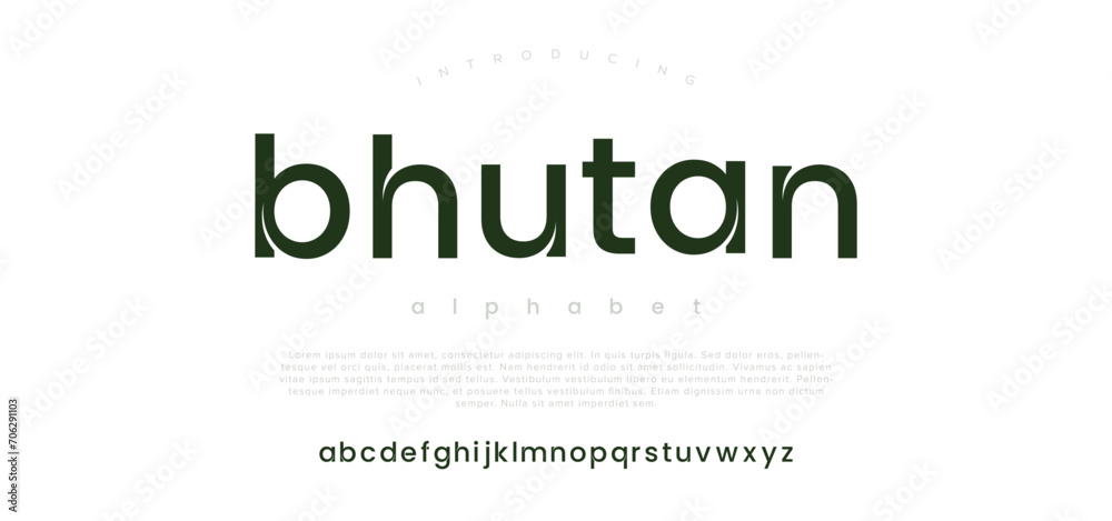 Bhutan Modern minimal abstract alphabet fonts. Typography technology, electronic, movie, digital, music, future, logo creative font. vector illustration - obrazy, fototapety, plakaty 