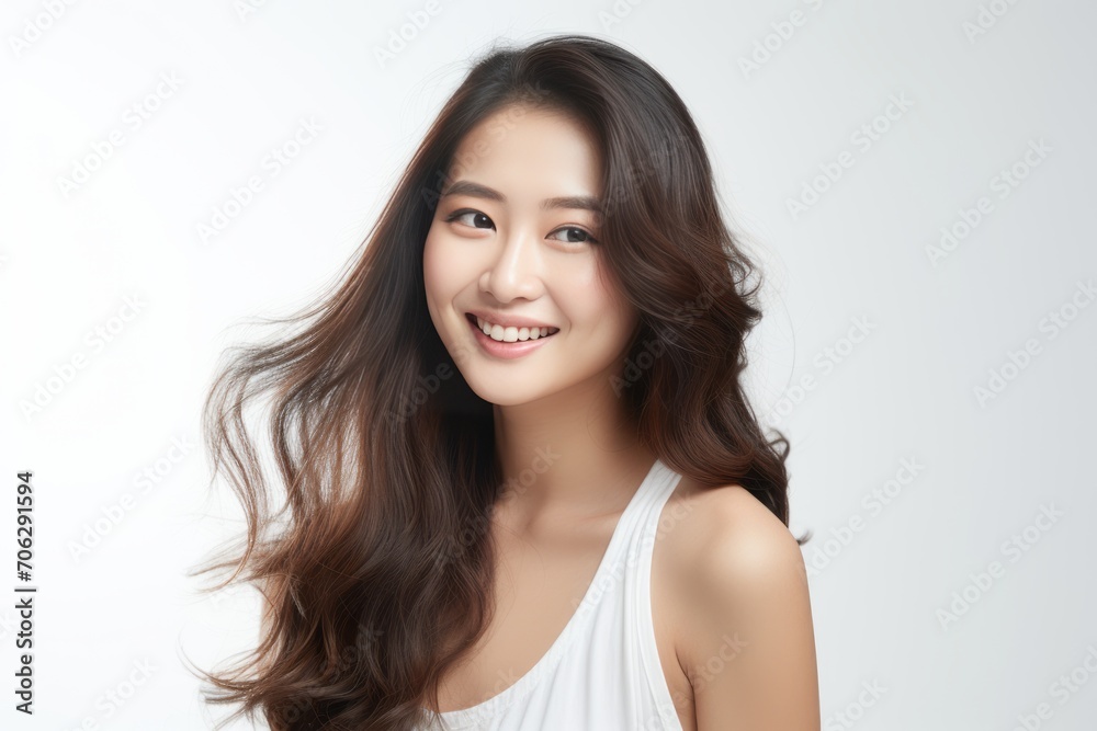 Portrait of a smiling confident Asian woman in a casual white singlet on white background Portrait of a smiling confident Asian woman in a casual white singlet on white background