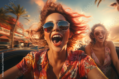 Portrait of happy friend woman in sunglasses at the beach sitting on the convertible car, enjoying summer vacation photo