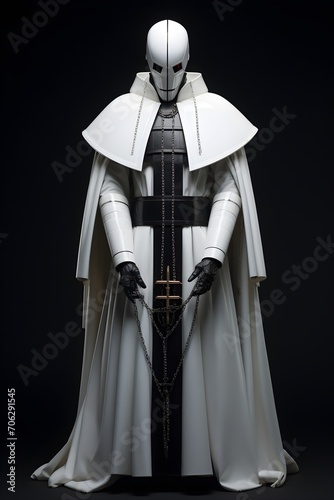 Cyborg Robot Priest 3D render on Black background. Full body shot. Futuristic Holy Priest Church Concept 