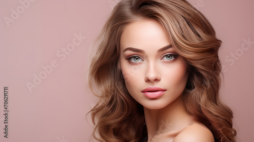 Portrait close up face of beautiful woman on pink background, beauty, skincare, makeup and cosmetics