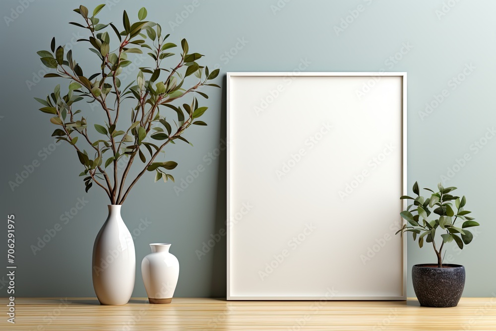 Picture frame and houseplants near white wall